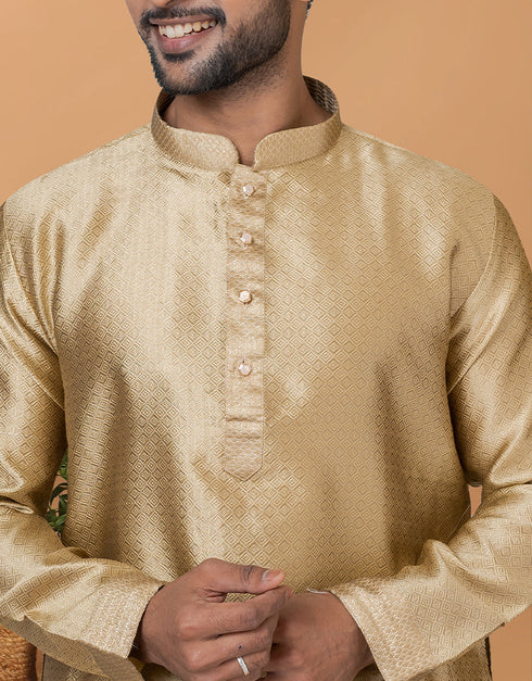 Readymade Men's Kurta Pyjama Light Chiku Kurta Silk Churidar Close-up View