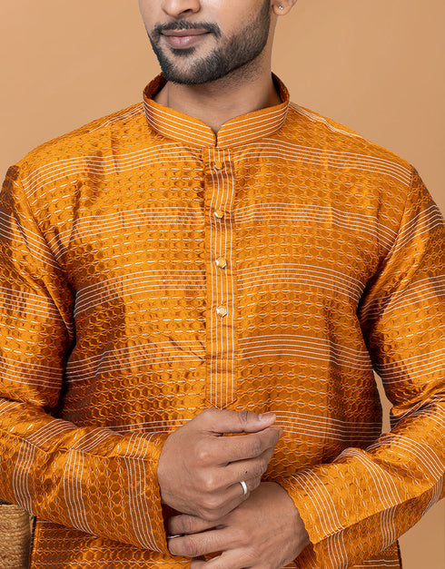 Readymade Men's Kurta Pyjama Mustard Kurta Silk Churidar Close-up View