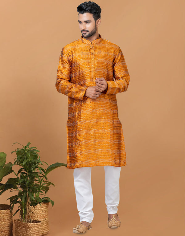 Readymade Men's Kurta Pyjama Mustard Kurta Silk Churidar Front View