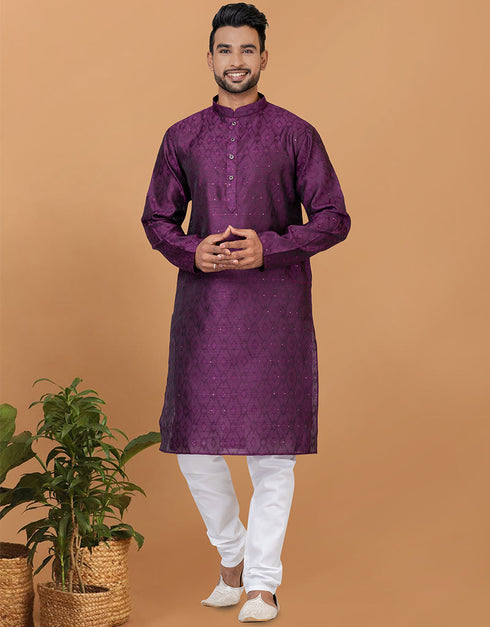 Readymade Men's Kurta Pyjama Purple Kurta Silk Churidar Front View