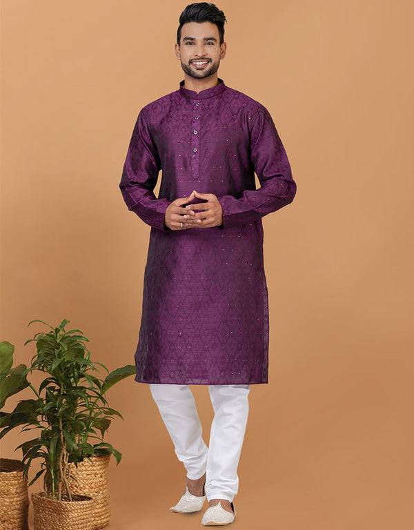 Readymade Men's Kurta Pyjama Purple Kurta Silk Churidar Front View