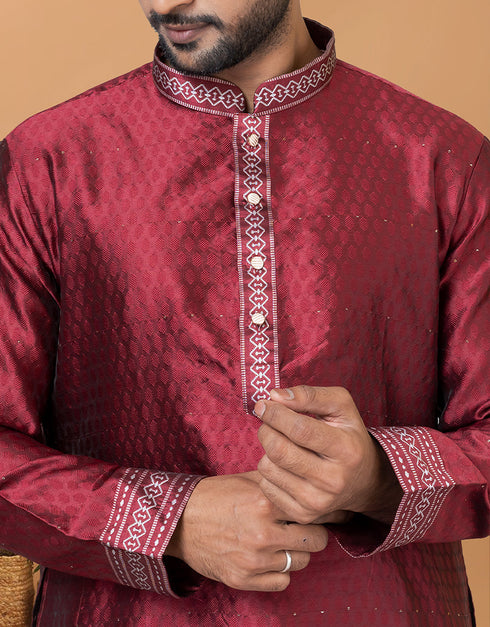 Readymade Men's Kurta Pyjama Maroon Kurta Silk Churidar Close-up View