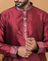 Readymade Men's Kurta Pyjama Maroon Kurta Silk Churidar Close-up View