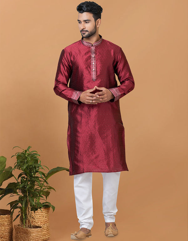 Readymade Men's Kurta Pyjama Maroon Kurta Silk Churidar Front View