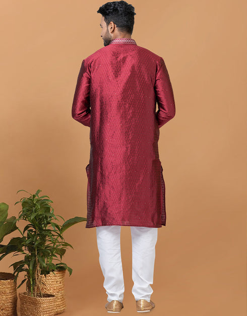 Readymade Men's Kurta Pyjama Maroon Kurta Silk Churidar Back View