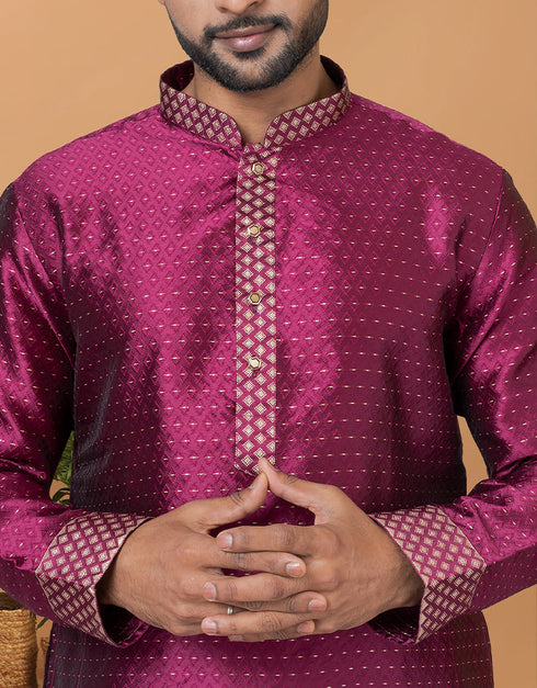 Readymade Men's Kurta Pyjama Magenta Kurta Silk Churidar Close-up View