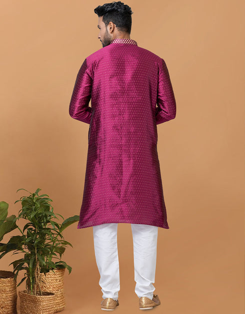 Readymade Men's Kurta Pyjama Magenta Kurta Silk Churidar Back View