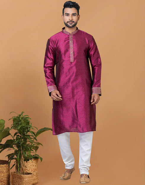 Readymade Men's Kurta Pyjama Magenta Kurta Silk Churidar Front View