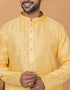 Readymade Men's Kurta Pyjama Yellow Kurta Silk Churidar Close-up View