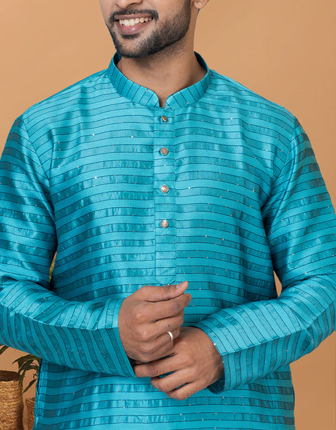 Readymade Men's Kurta Pyjama Firozi Kurta Silk Churidar Close-up View