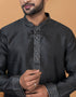 Readymade Men's Kurta Pyjama Black Kurta Silk Churidar Close-up View