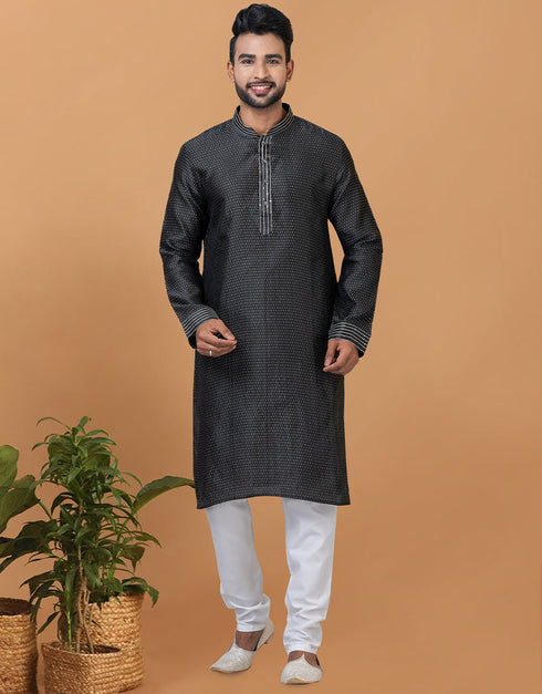 Readymade Men's Kurta Pyjama Black Kurta Silk Churidar Front View