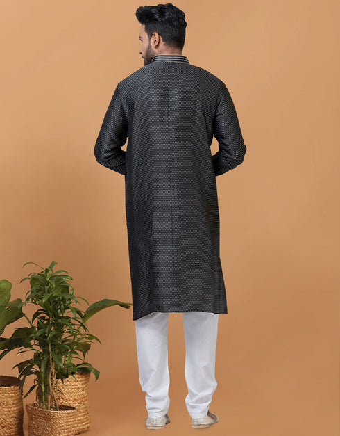 Readymade Men's Kurta Pyjama Black Kurta Silk Churidar Back View