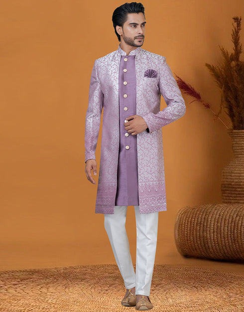 Italian Nawabi Indo Western Violet Indo Western Jacquard Silk Pant Front View