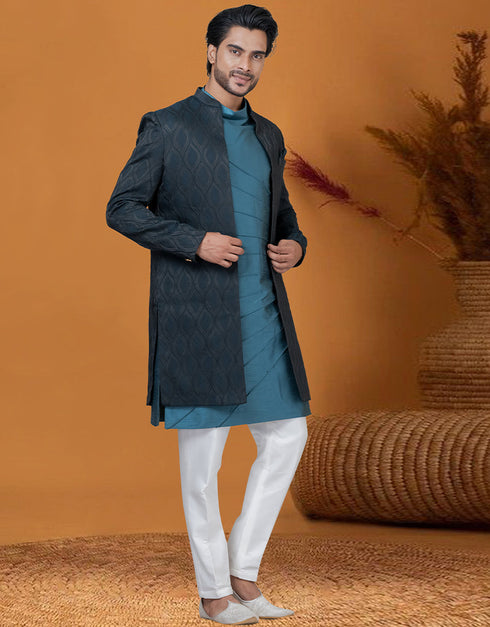 Italian Nawabi Indo Western Blackish blue Indo Western Jacquard Silk Pant Close-up View