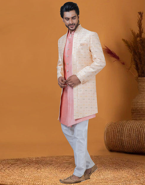 Italian Nawabi Indo Western Pinkish Pitch Indo Western Jacquard Silk Pant Close-up View