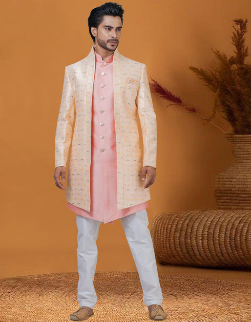 Italian Nawabi Indo Western Pinkish Pitch Indo Western Jacquard Silk Pant Front View