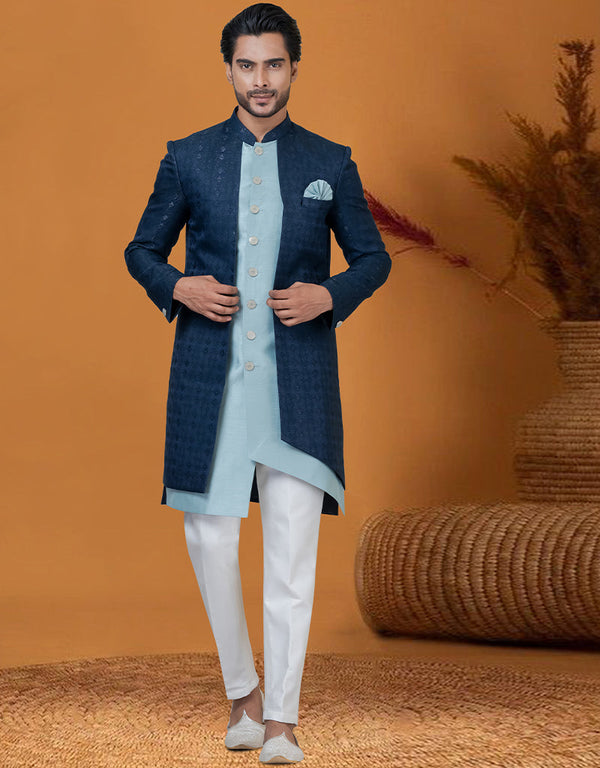 Italian Nawabi Indo Western Navy Blue Indo Western Jacquard Silk Pant Front View