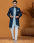 Italian Nawabi Indo Western Navy Blue Indo Western Jacquard Silk Pant Front View