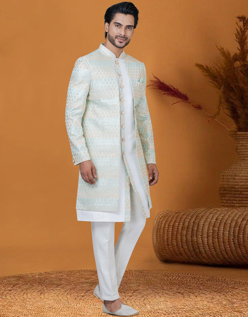 Italian Nawabi Indo Western Off White Sky Indo Western Jacquard Silk Pant Close-up View