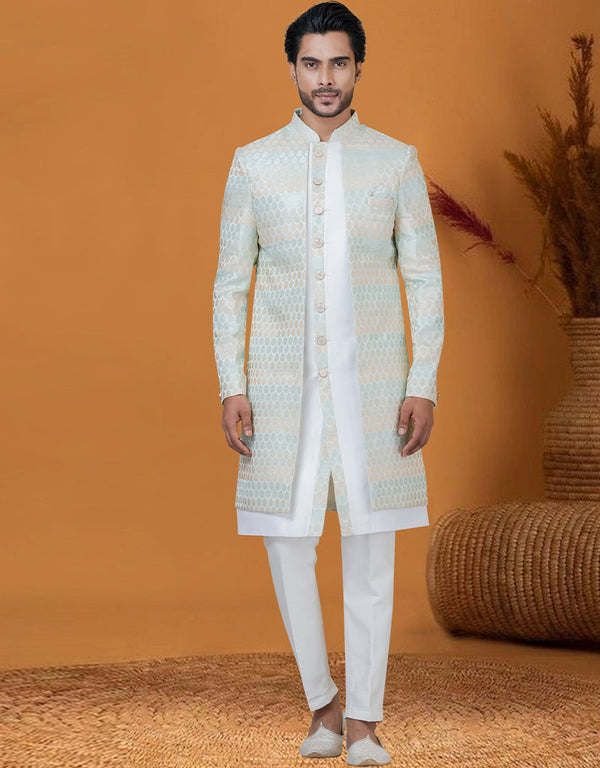 Italian Nawabi Indo Western Off White Sky Indo Western Jacquard Silk Pant Front View