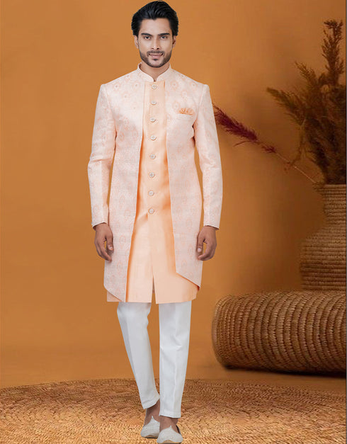 Italian Nawabi Indo Western Peach Indo Western Jacquard Silk Pant Front View