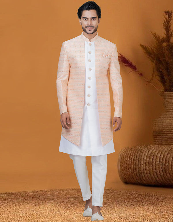 Italian Nawabi Indo Western Peach Indo Western Jacquard Silk Pant Front View