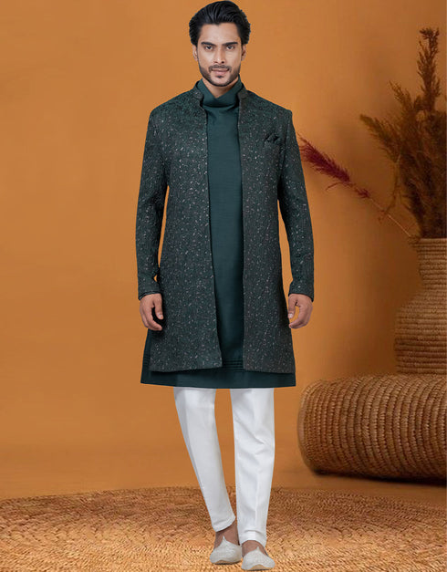 Italian Nawabi Indo Western Bottle Green Indo Western Jacquard Silk Pant Front View