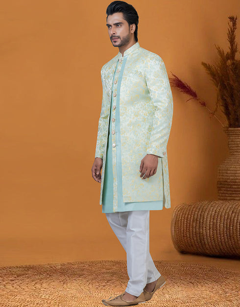 Italian Nawabi Indo Western Neon Sky Indo Western Jacquard Silk Pant Close-up View