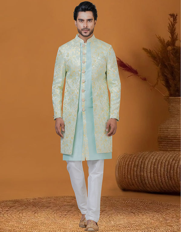 Italian Nawabi Indo Western Neon Sky Indo Western Jacquard Silk Pant Front View