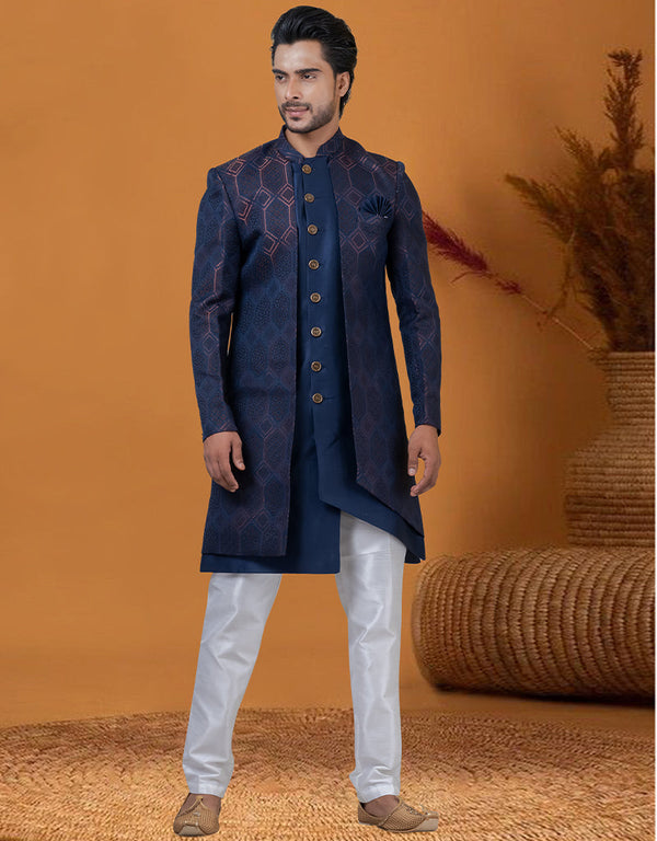 Italian Nawabi Indo Western Blue Indo Western Jacquard Silk Pant Front View