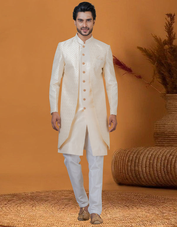 Italian Nawabi Indo Western Cream Indo Western Jacquard Silk Pant Front View