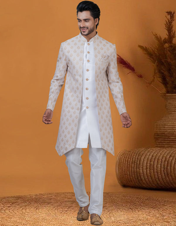 Italian Nawabi Indo Western Cream Indo Western Jacquard Silk Pant Front View