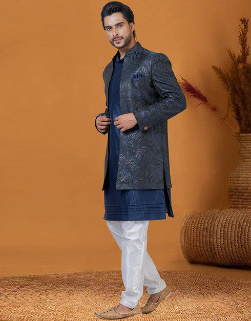 Italian Nawabi Indo Western Blakish Blue Green Indo Western Jacquard Silk Pant Close-up View