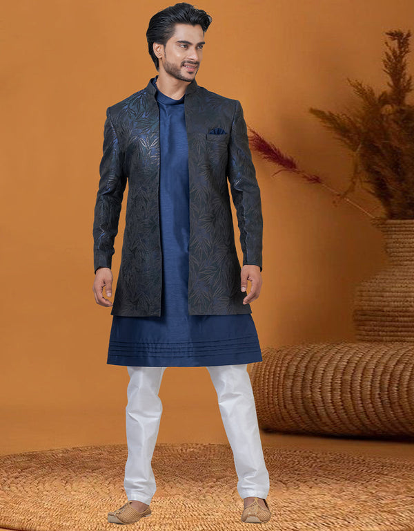 Italian Nawabi Indo Western Blakish Blue Green Indo Western Jacquard Silk Pant Front View