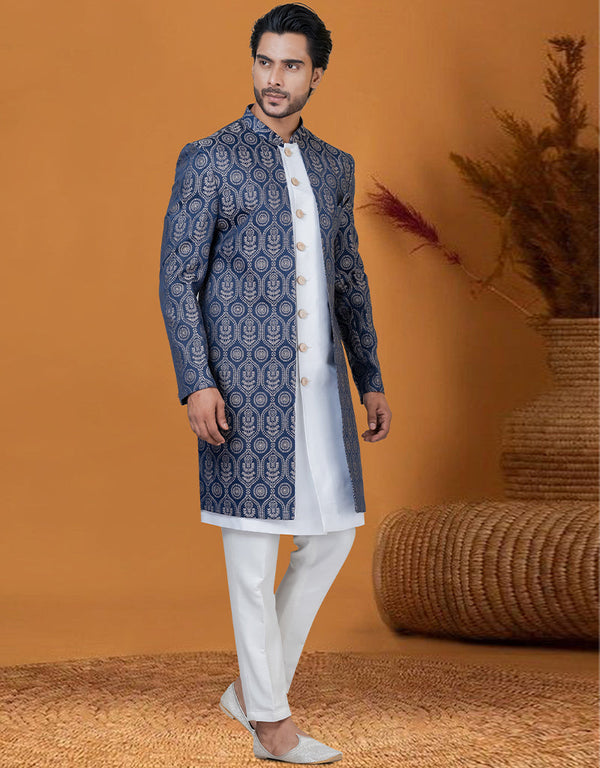 Italian Nawabi Indo Western Blue Indo Western Jacquard Silk Pant Front View