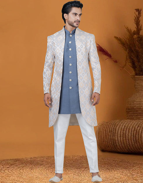 Italian Nawabi Indo Western Grayish creame Indo Western Jacquard Silk Pant Close-up View