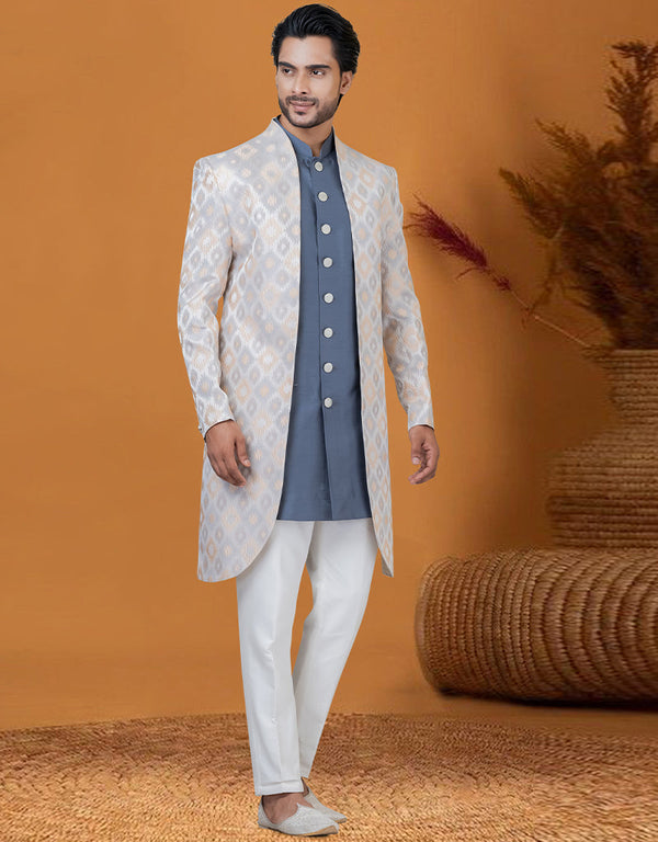 Italian Nawabi Indo Western Grayish creame Indo Western Jacquard Silk Pant Front View