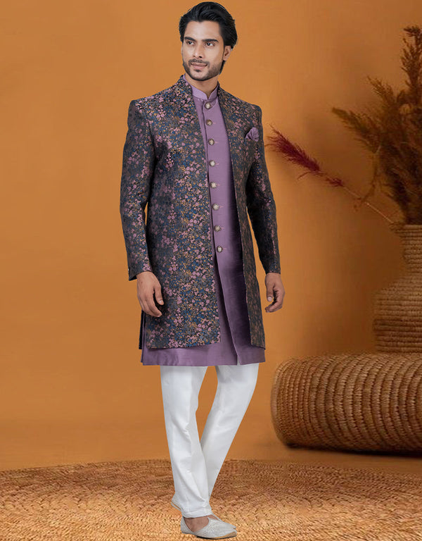 Italian Nawabi Indo Western Multicolor Indo Western Jacquard Silk Pant Front View