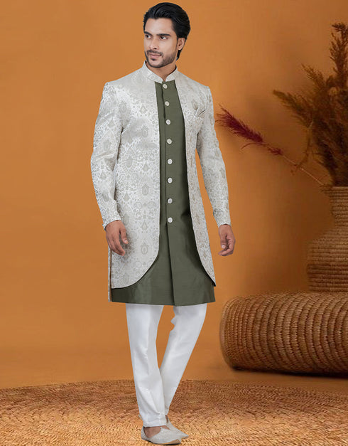 Italian Nawabi Indo Western Mendi Green Indo Western Jacquard Silk Pant Close-up View