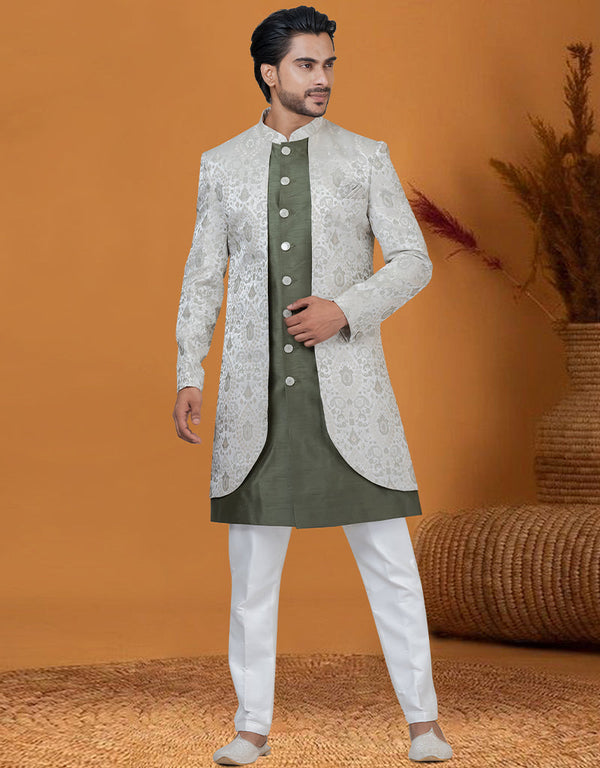 Italian Nawabi Indo Western Mendi Green Indo Western Jacquard Silk Pant Front View
