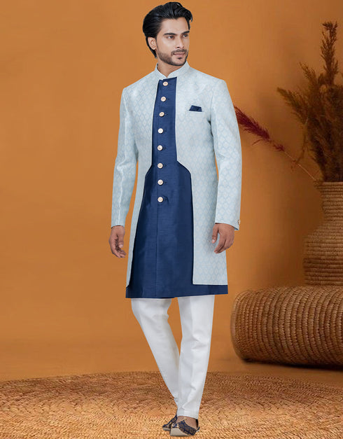 Italian Nawabi Indo Western Sky Indo Western Jacquard Silk Pant Close-up View