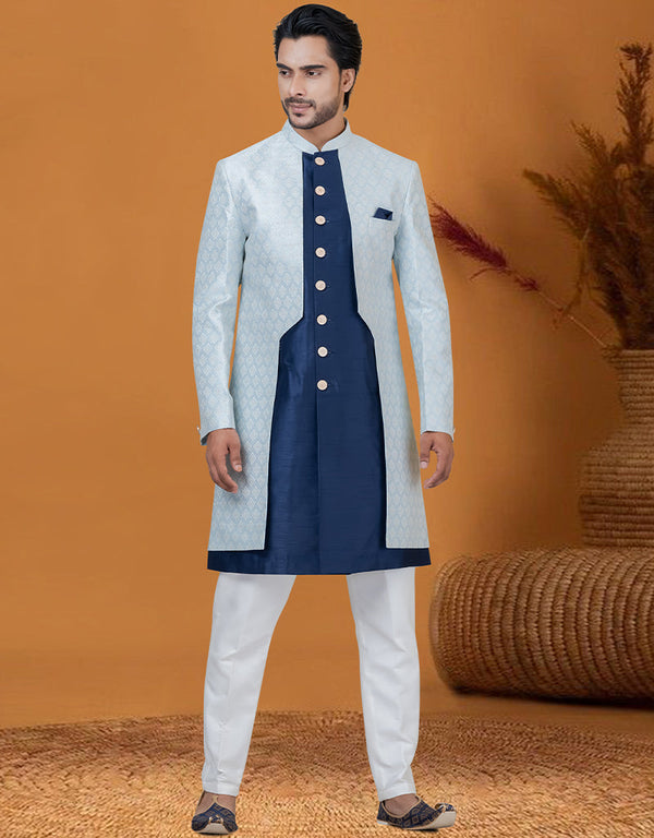 Italian Nawabi Indo Western Sky Indo Western Jacquard Silk Pant Front View
