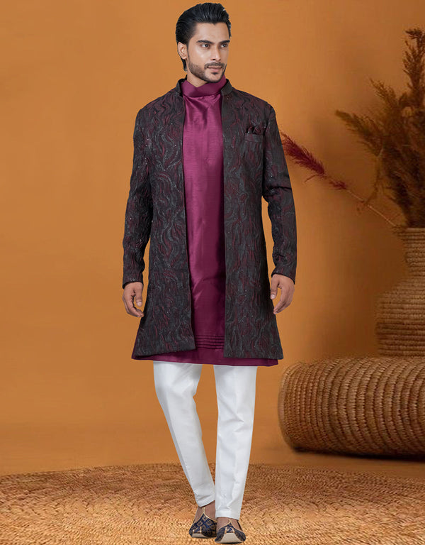 Italian Nawabi Indo Western Blackish Wine Indo Western Jacquard Silk Pant Front View