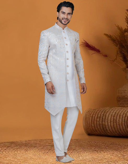Italian Nawabi Indo Western Sky Blue Indo Western Jacquard Silk Pant Close-up View