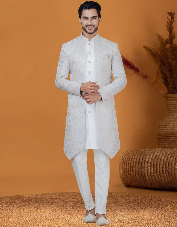 Italian Nawabi Indo Western Sky Blue Indo Western Jacquard Silk Pant Front View