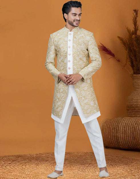 Italian Nawabi Indo Western Light Golden Indo Western Jacquard Silk Pant Close-up View
