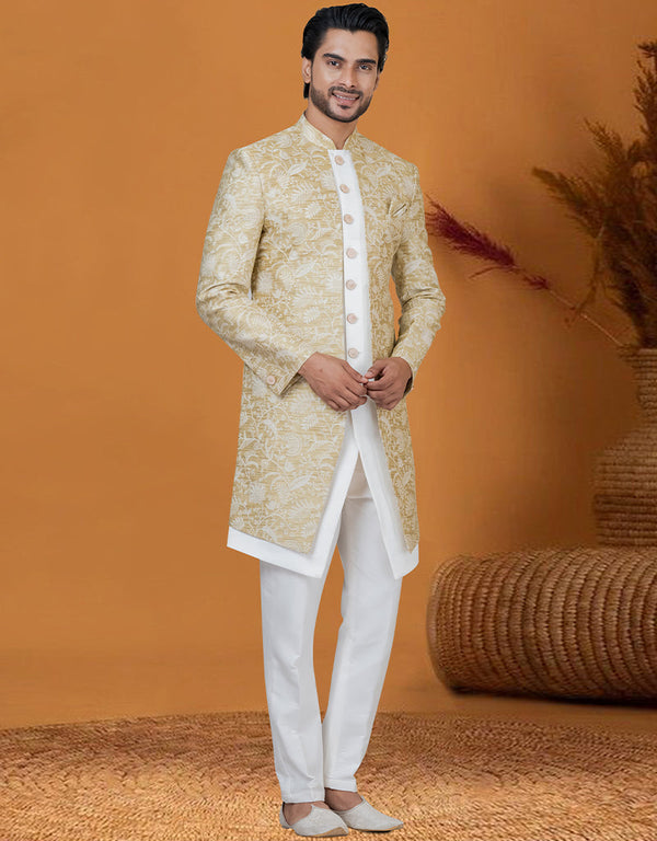 Italian Nawabi Indo Western Light Golden Indo Western Jacquard Silk Pant Front View