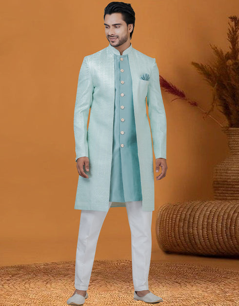 Italian Nawabi Indo Western Sky Indo Western Jacquard Silk Pant Close-up View