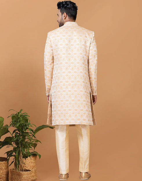 Italian Nawabi Indo Western Creamish golden Indo Western Jacquard Silk Pant Close-up View